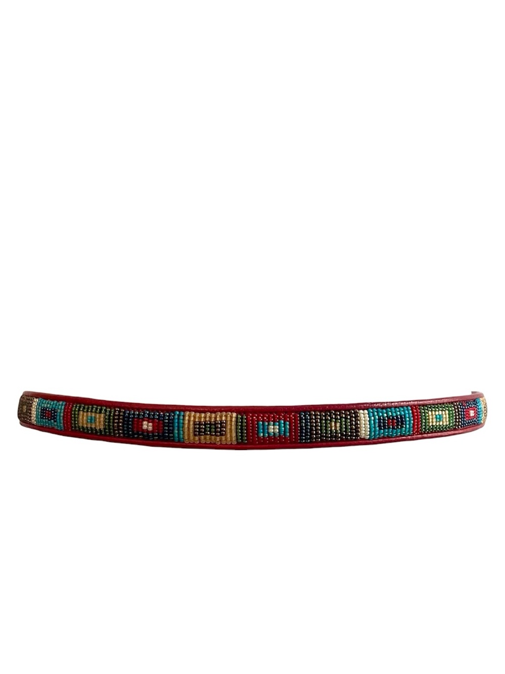 Vintage Beaded and Red Leather Belt with Silver Buckle